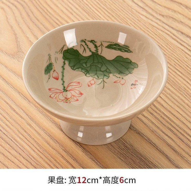 中式茶點盤 麥芽黃高腳盤, 1個, 麥芽黃高腳茶點盤-蜻蜓戲荷
