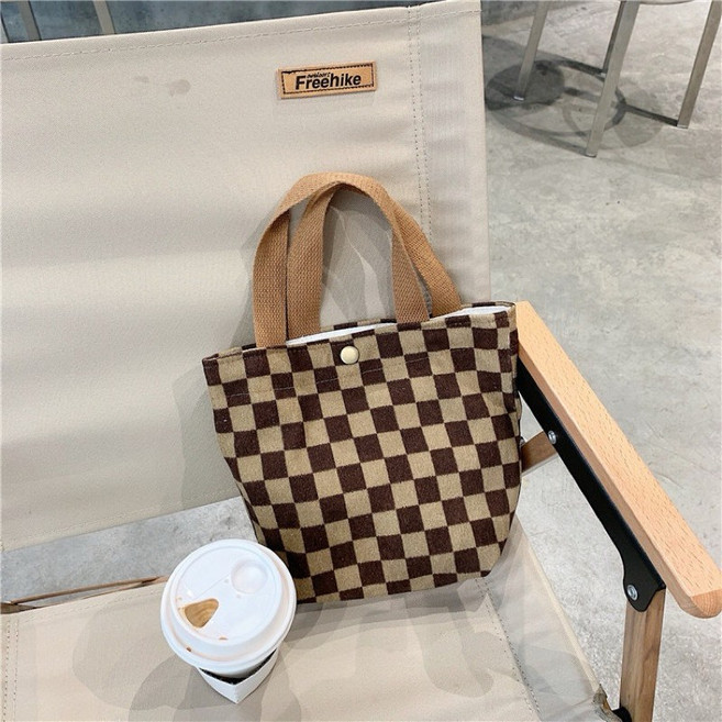 【BAGEL蓓果】現貨 燈芯絨手提袋 復古可愛小物收納 少女手拎包 媽媽包 學生便當袋 有內袋 隨身包, 深棕格, 深棕格