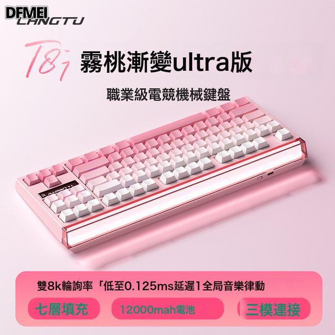 DFMEI T87透明機械鍵盤辦公電競熱插拔無線藍牙電腦三模鍵盤, BSUN TOY, 如圖, T87-霧桃側刻-TTC瞬金軸【雙8Kultra版】1200