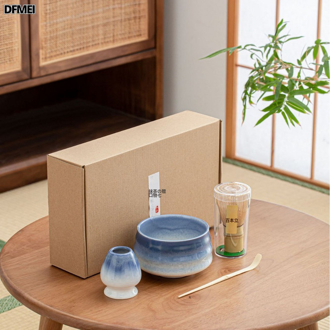 DFMEI 茶筅抹茶刷百本立茶筅立組合日式禮盒宋代點茶抹茶打茶器工具套裝, 四件套裝配漸變藍色, 參考詳情, 1個