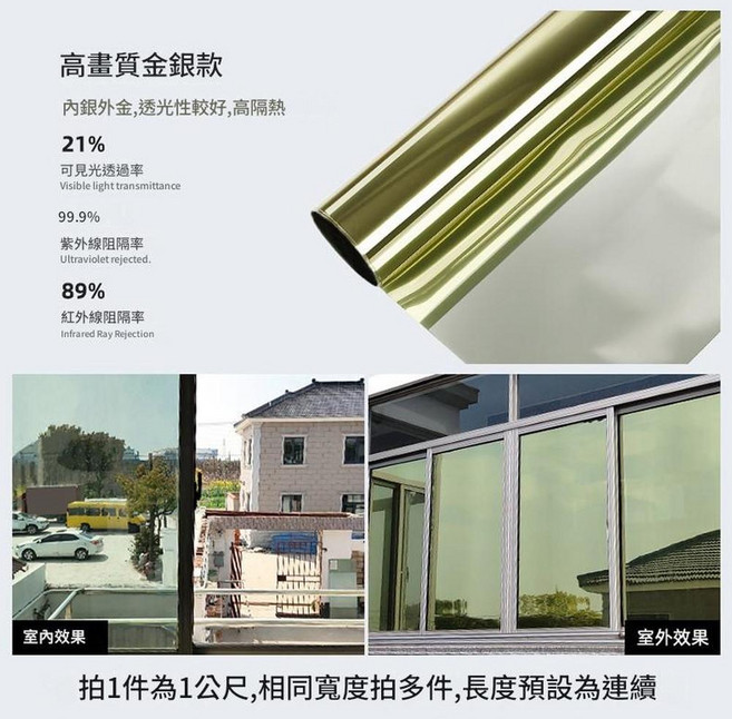高畫質金銀款全遮光防曬窗戶貼膜 高隔熱 99.9%紫外線阻隔, 高畫質金銀款 靜電膜