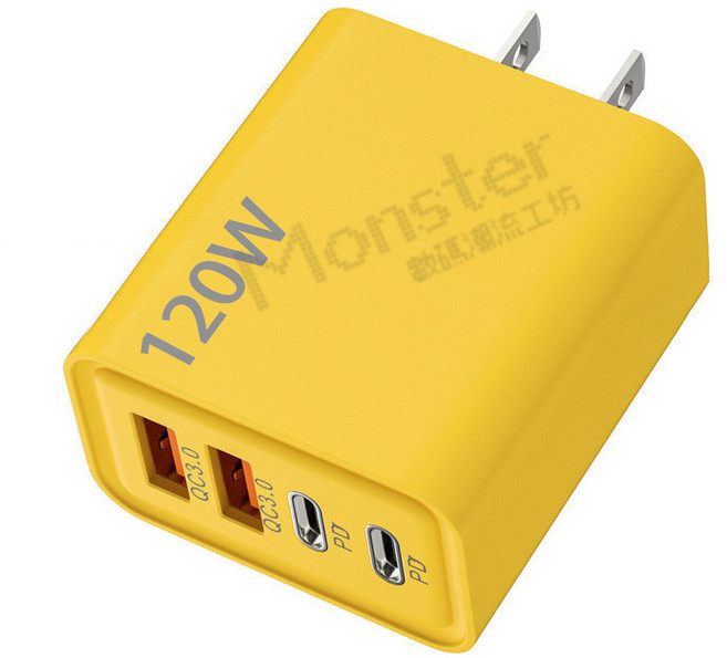 低溫不傷機 120W快充頭 4孔充電頭 2PD+2USB孔 PD快充 多設備兼容, 黃色120W2PD+2USB, 1個