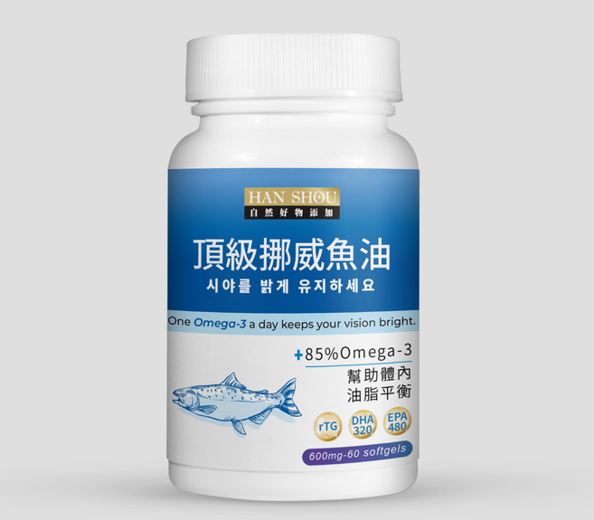 HAN SHOU 頂級深海挪威魚油 蝦紅素 魚油 高濃度魚油 頂級魚油 Omega-3 rTG DHA EPA 兒童成人, 1個, 60顆