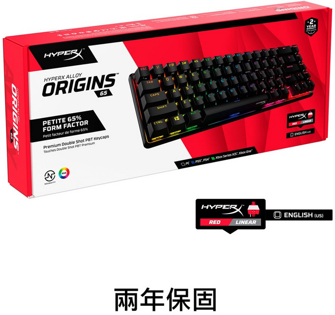HyperX Alloy Origins 65% 機械式電競鍵盤 PBT二色鍵帽 紅軸 鋁合金結構 兩年保固, 65%英文版鍵盤(紅軸)
