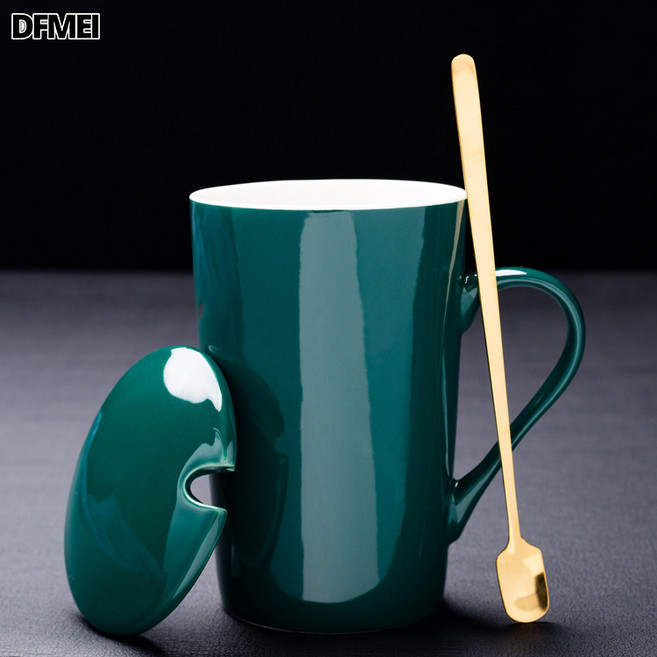 DFMEI 十二星座陶瓷馬克杯帶蓋勺茶杯情侶水杯可杯子伴手禮, 1個, 墨綠杯(含蓋+金勺):401-500ml