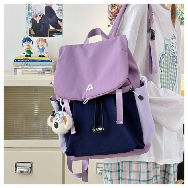 JMSDBAG 撞色百搭後背包 大容量分層收納學生書包 休閒通勤旅行背包, 紫色大號