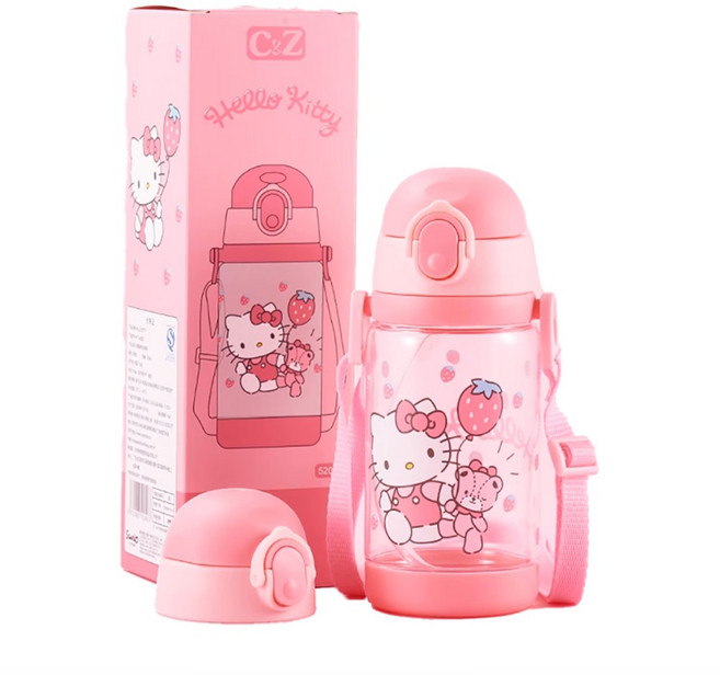 C&Z Hello Kitty兒童水壺 雙蓋Tritan材質背帶水壺, Pink, 1個, 520ml