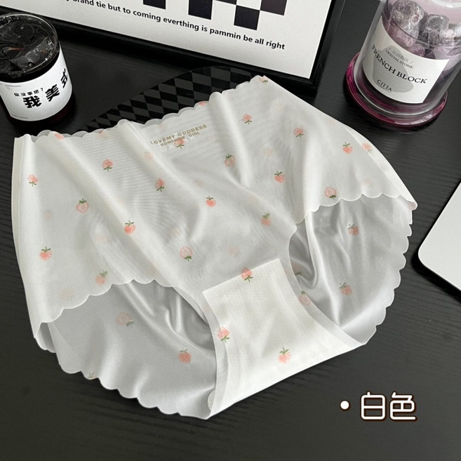 Onedays 裸感印花面膜內褲 超薄冰絲3D無痕一片式涼感透氣中腰內褲 瑜珈健身C701, 白,L