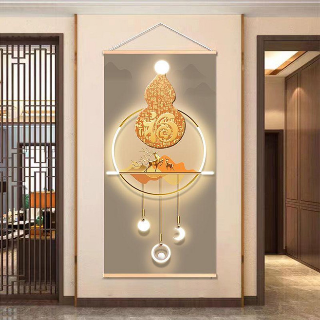 中式玄關裝飾畫 客廳走廊過道掛畫 百福圖 福字葫蘆壁畫, 7福祿生財,小號41*61釐米 實木掛軸+麻繩