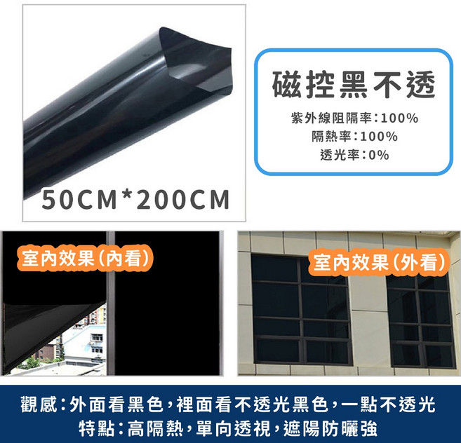 靜電玻璃貼 窗戶隔熱紙 防窺遮陽 阻隔紫外線 降溫節能 易貼耐用 50x200CM 黑不透, 1件, 黑不透 (附小刀+刮板),50 x 200 CM