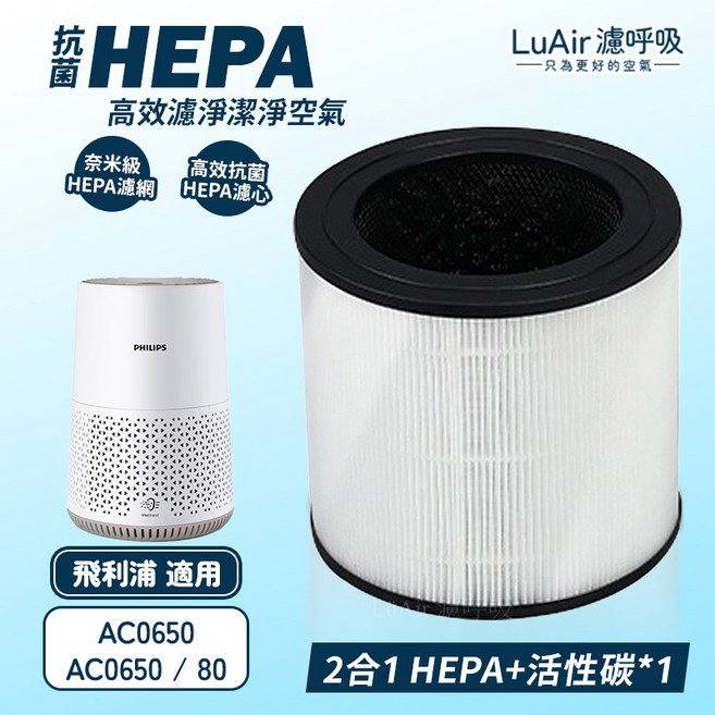 適用於飛利浦 AC0650 / AC0650-80 空氣清淨機 HEPA 濾網, 1個, 2合1 HEPA+活性碳濾網