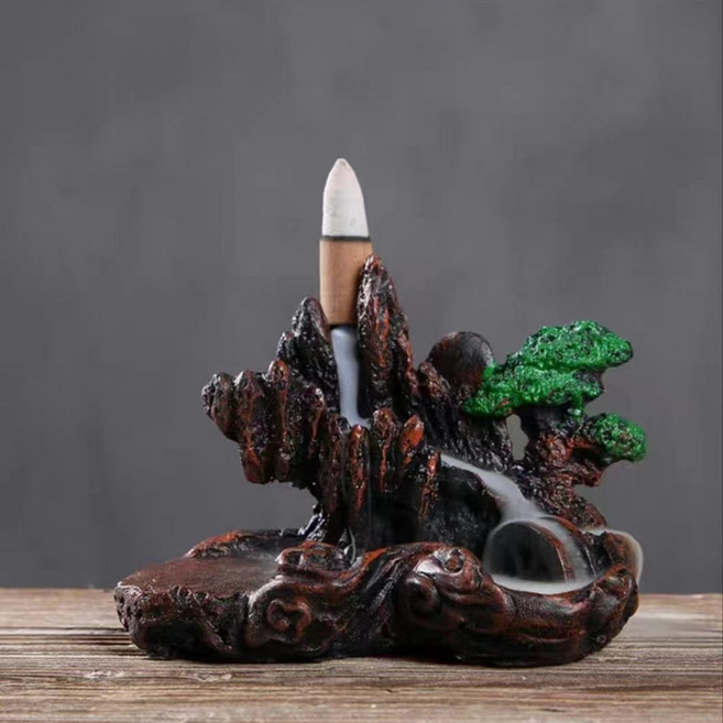 倒流香爐 樹脂 禪意 香薰擺件 細水長流, 高山迎松