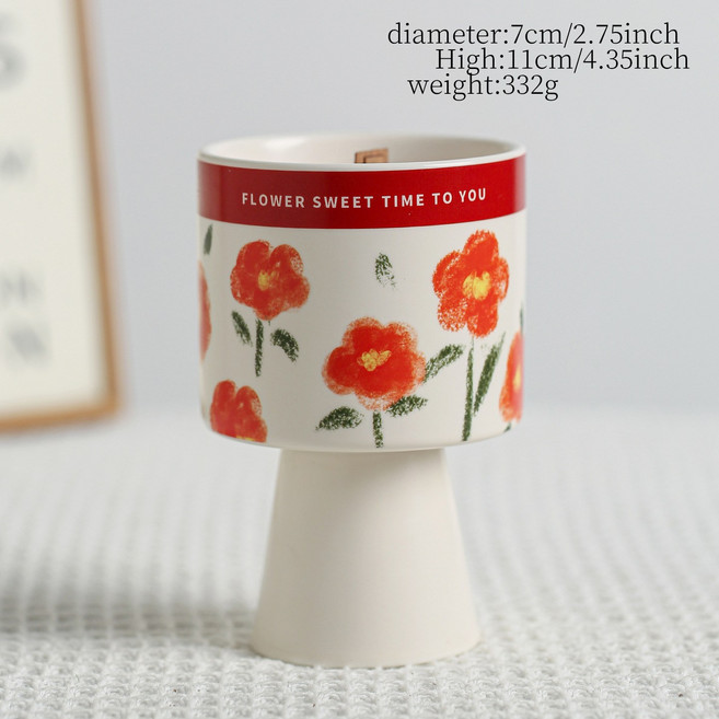 法式陶瓷香薰蠟燭杯 紅色花朵設計, 紅色花朵白色蠟燭杯 - 空杯