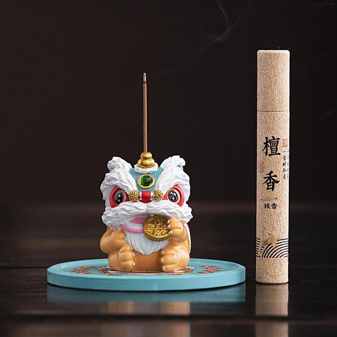 醒獅線香香插 茶道擺件, 青色 瑞獅香插 託盤 檀香一盒, 1套, 杯具