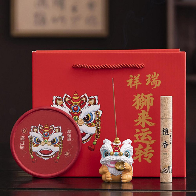 醒獅線香香插 茶道擺件, 紅色 瑞獅香插 託盤 檀香一盒 禮盒, 1套, 杯具
