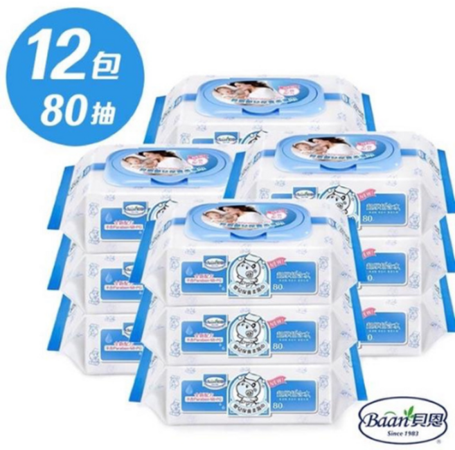 Baan 貝恩 嬰兒柔濕巾 12包 x 80抽, 12個, 80張, 0.38g