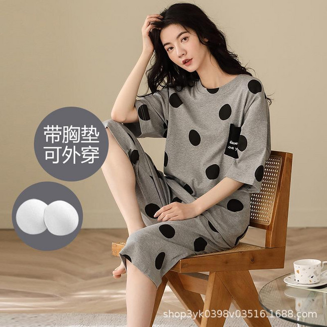 可愛短袖居家服套裝女款,夏季寬鬆自帶胸墊,可外穿
