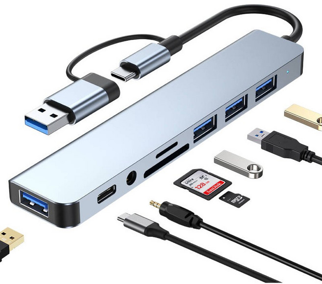 TYPE-C HUB轉接器 八合一 4k HDMI 雙接口 集線器 擴展器 高速 讀卡器 擴展塢, 1個, 8合二雙頭拓展塢, 銀色, USB+PD+SD