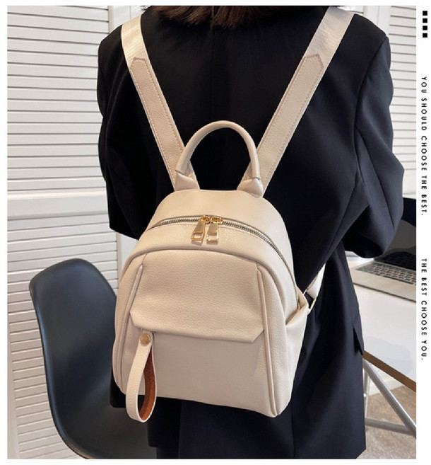 輕巧迷你PU皮革後背包 女用休閒雙肩包 多功能防潑水設計, 黑色