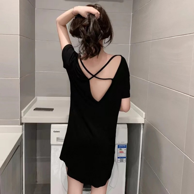 美背睡裙 帶胸墊 莫代爾 夏季薄款 交叉露背家居服