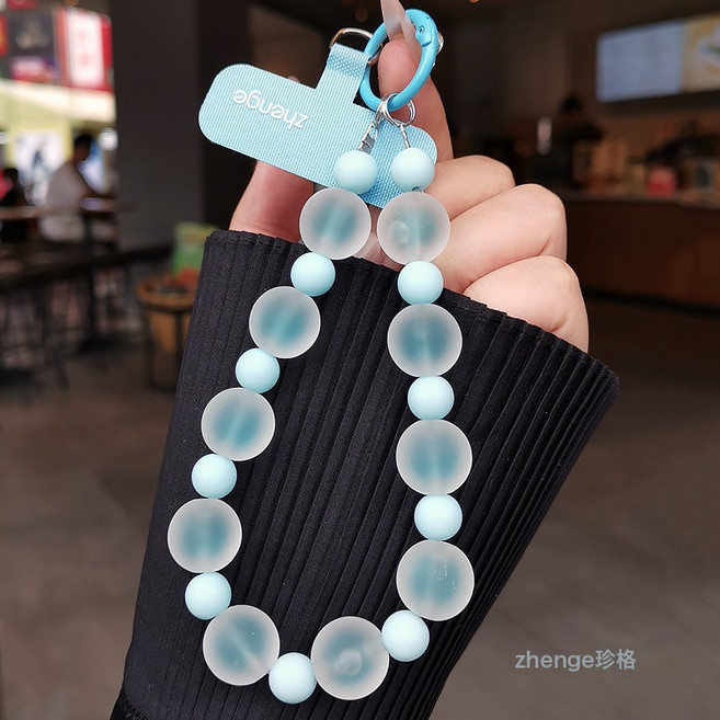 彩色磨砂圓珠手機鏈掛件時尚小清新女手腕短款串珠鏈條掛鑰匙, 1個, 藍色-單扣磨砂珠珠手鍊+藍色長夾片