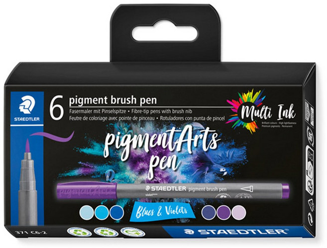 德國 STAEDTLER 施德樓《Pigment Arts Pen 彩藝毛筆 - 刷尖 6 色組》 明進文房具, 1個, 藍色系