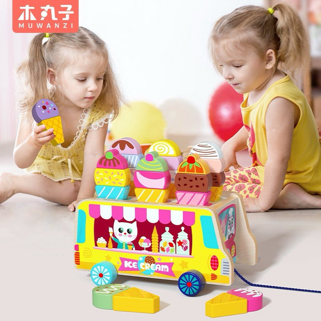 啾蒂家 - 木製冰淇淋玩具 家家酒玩具 1歲玩具, 木製拖拉冰淇淋車(彩盒包裝), 1個, N/A