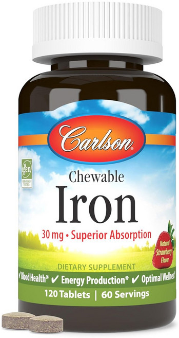 Carlson 咀嚼鐵錠 30毫克 天然草莓口味, 1個, 120錠
