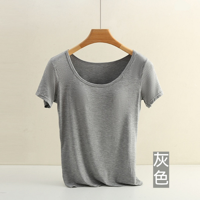 【台灣發貨】帶胸墊短袖背心女外穿打底大碼修身罩杯一體式打底衫舒適 短袖T 圓領帶胸墊上衣 居家服居家睡衣 素T 短T