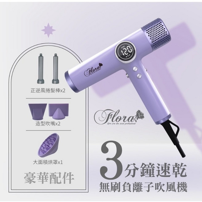【3Q髮品】Flora HD-3238 負離子無刷吹風機 液晶 強勁風力 速乾 1500W 超輕設計, 液晶無刷-典雅白