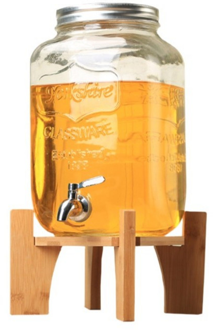 冷水桶 調酒桶 自助餐飲料桶, 1個, 8L玻璃果汁桶套裝-附不鏽鋼龍頭/木架, 透明, 8L