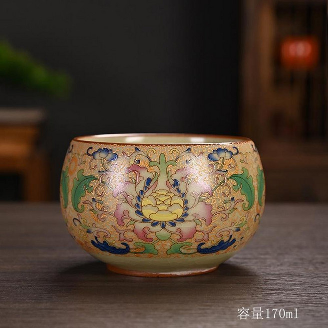 汝窯琺瑯彩開片主人杯茶杯 陶瓷禮品, 琺琅彩金絲羅漢杯170ml 80 - 170ml, 1個
