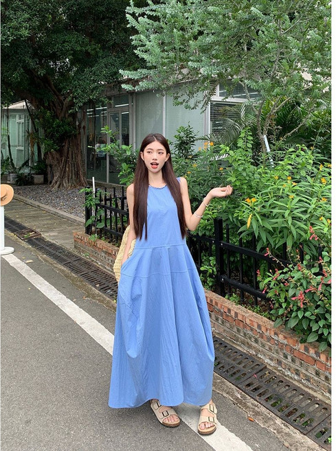 梨卡 女裝藍色無袖洋裝 寬鬆氣質長裙 夏季穿搭, 如圖色-現貨馬上出貨