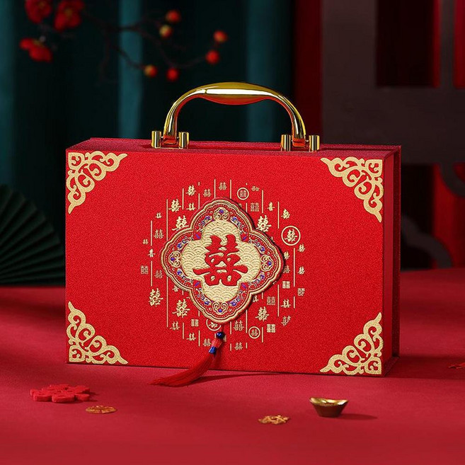 訂婚金飾盒 婚慶喜禮三金五金首飾盒, 金蔥手提禮金箱—小號可裝6 - 12W, 1個