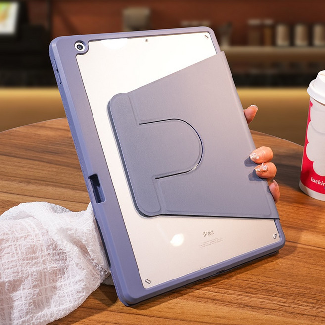 iPad保護套 360度旋轉 筆槽 亞克力透明保護殼 適用iPad 10.2 7/8/9代 Mini 6, 薰衣紫-旋转亚克力带笔槽,Ipad 7/8/9代 10.2吋, 1個