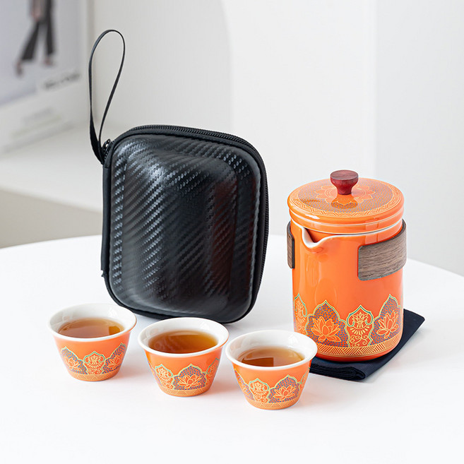 古韻臻藏行動式旅行茶具一壺四杯套組, 橙 古韻一壺三杯 小黑包, 1套, 杯具