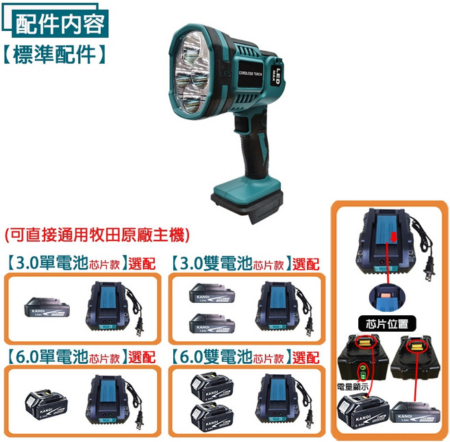 SC1125 鋰電握式照明燈 工作燈 角度調節, 1個, 空機+芯片款6.0雙電池