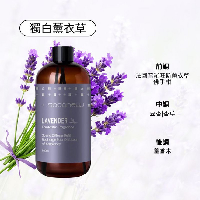 Saccnew 香格里拉淡香氛精油補充裝 500ml, 1件, 獨白薰衣草,送5根擴香棒