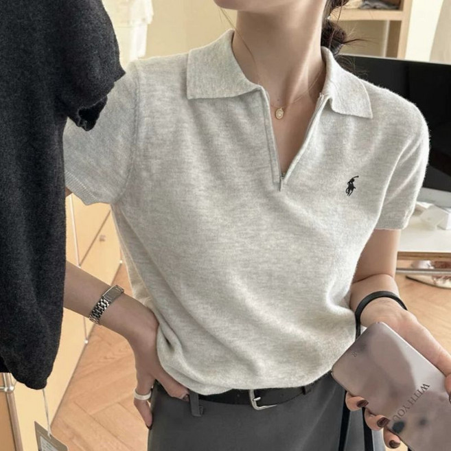 Ralph Lauren 針織短袖POLO衫 半拉鍊設計感上衣