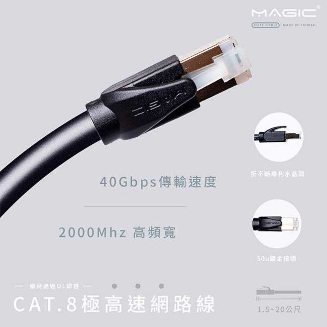 MAGIC CAT8 八類雙屏蔽 40G極高速 CAT.8 乙太網路線 SFTP 網線 1.2M (黑), 1個, CAT8-R02 2M (黑)