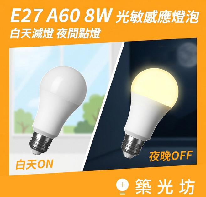 築光坊 E27 8W LED 光敏感應燈泡 白天燈滅 晚上燈亮, 1個, E27 8W 光敏燈泡 (白天滅,夜亮),6500K 白光