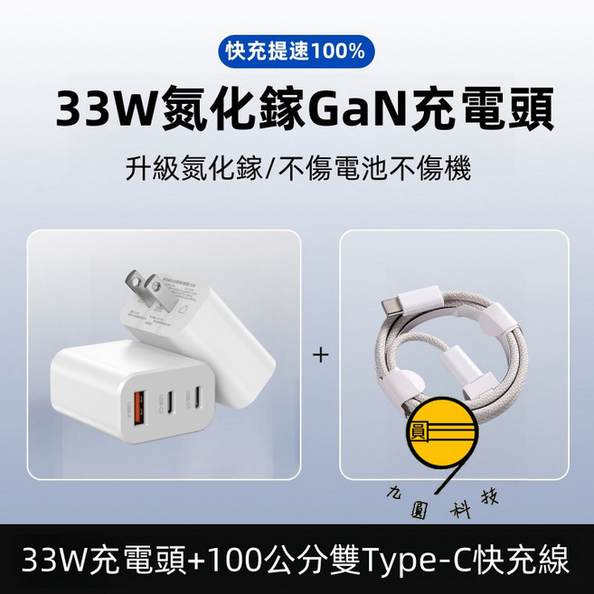 九圓科技 45W 雙Type-C 氮化鎵快充頭, 九圓33W充電頭+1米雙Typec線, 1個