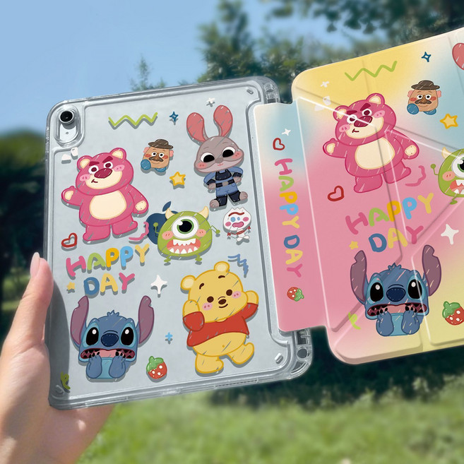 卡通雙面打印iPad保護套 防摔透明全包殼 磁吸支架 附筆槽, 歡快動物, 1個