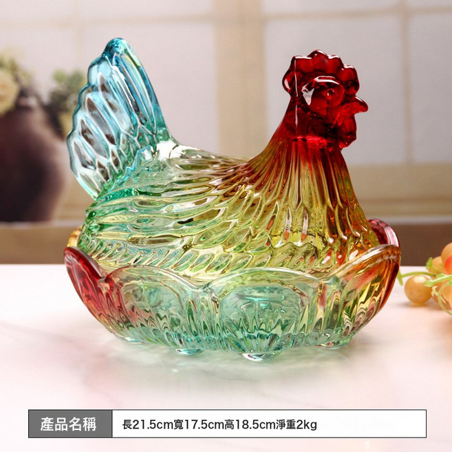創意母雞造型水晶玻璃果盤家用客廳盛放乾果糖果零食, 1個, F大號母雞琉璃糖果罐