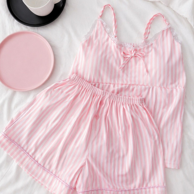 粉條紋親膚顯瘦睡衣套裝 BRA TOP 女性睡衣 居家服 居家睡衣