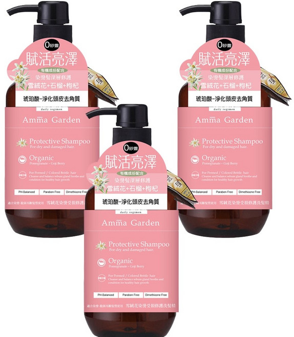 Amma Garden 艾瑪花園 淨化頭皮去角質洗髮精 賦活亮澤, 3件, 750ml