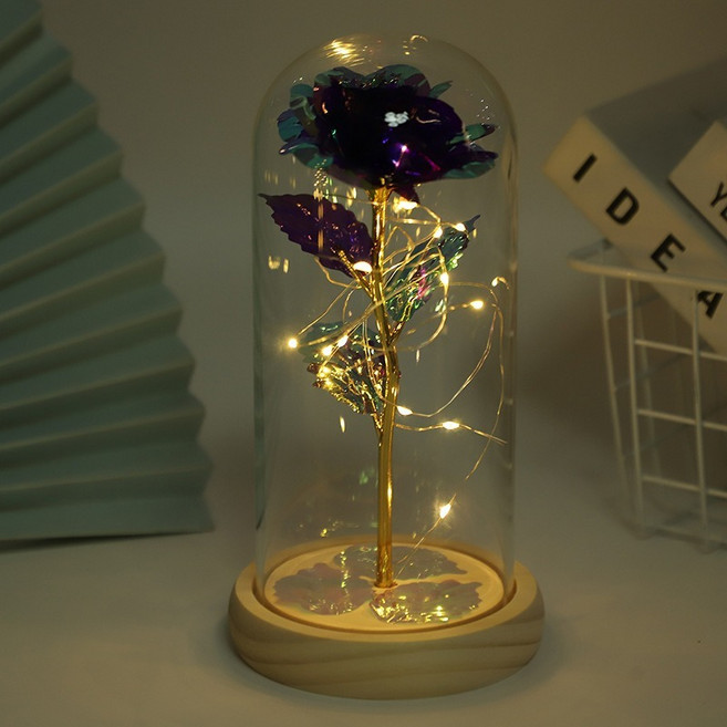 永生花玻璃罩 永生玫瑰花 LED小夜燈 創意永生花禮物, 原木底座款紫色
