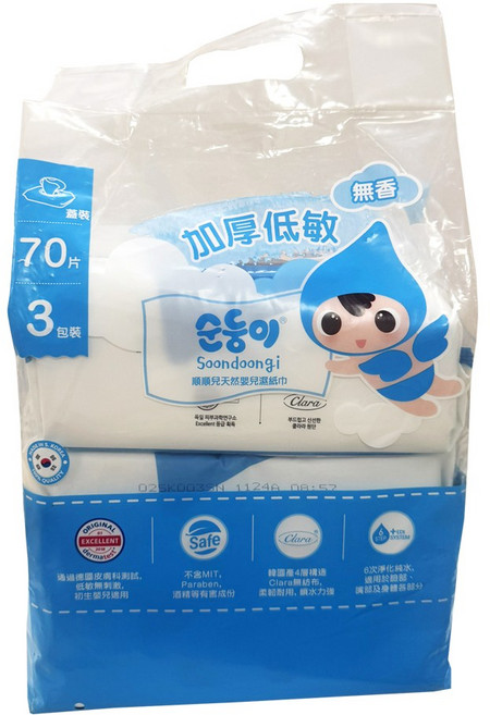 順順兒 加厚低敏無香嬰兒濕紙巾 親膚極厚, 3, 70片, 65gsm