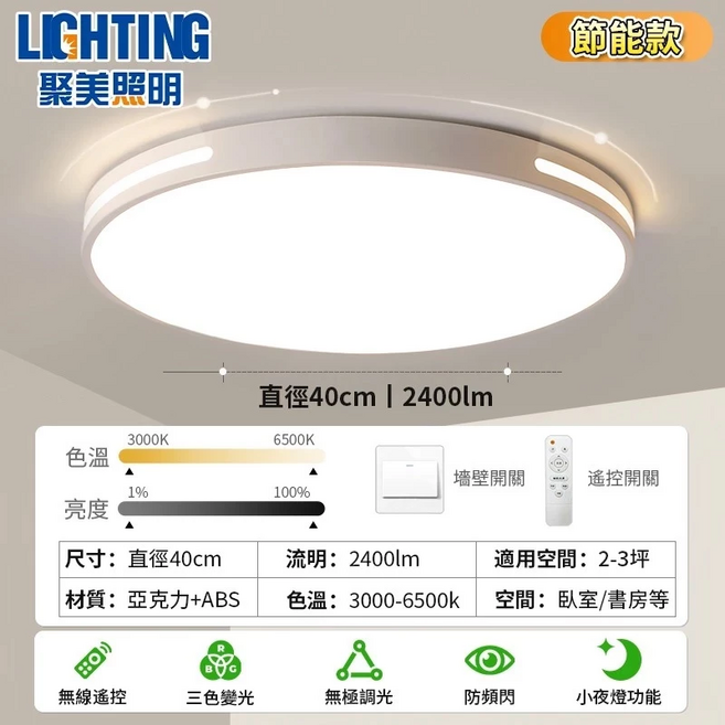 【聚美照明】led吸頂燈 客廳燈 吸頂燈 臥室燈 超薄4cm燈具 三色無極調光 遙控吸頂燈(40公分), 白色
