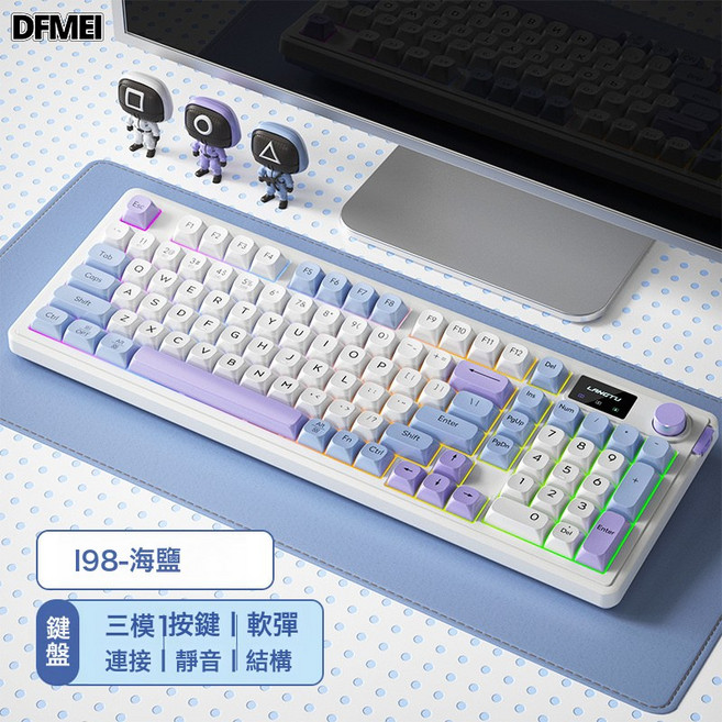 DFMEI 狼途L98 電競遊戲辦公靜音薄膜鍵盤 如圖 【三模連接有線+無線2.4g+藍牙】RGB光效】, 人體工學, 海鹽 【三模連接有線+無線2.4g+藍牙】RGB光效】